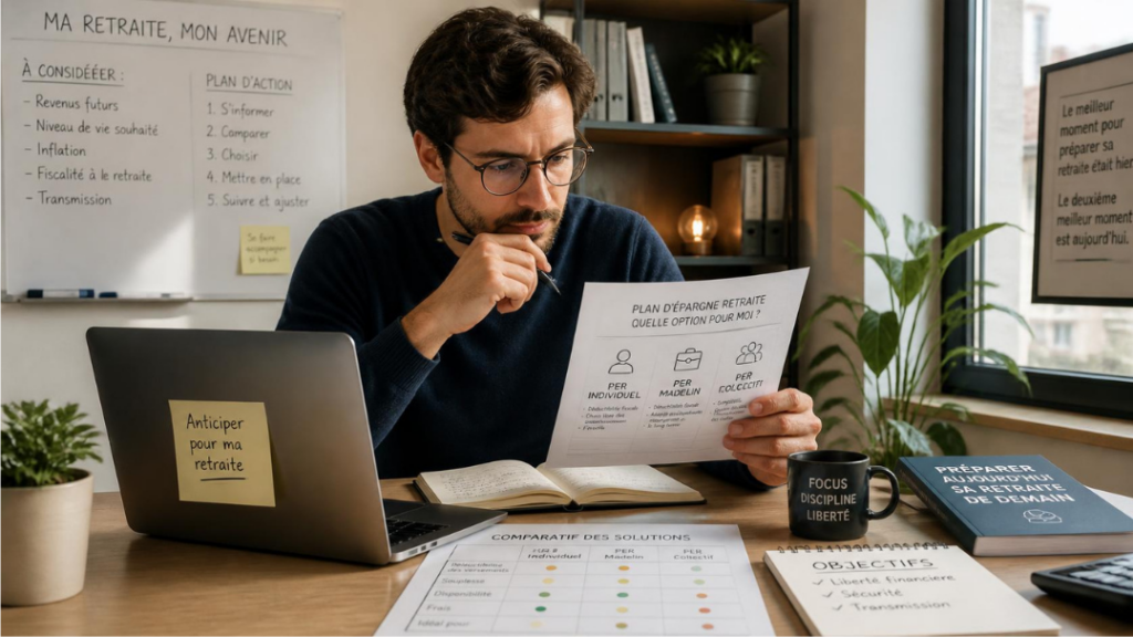 Travailleur indépendant étudiant ses options de plan d'épargne retraite à son bureau